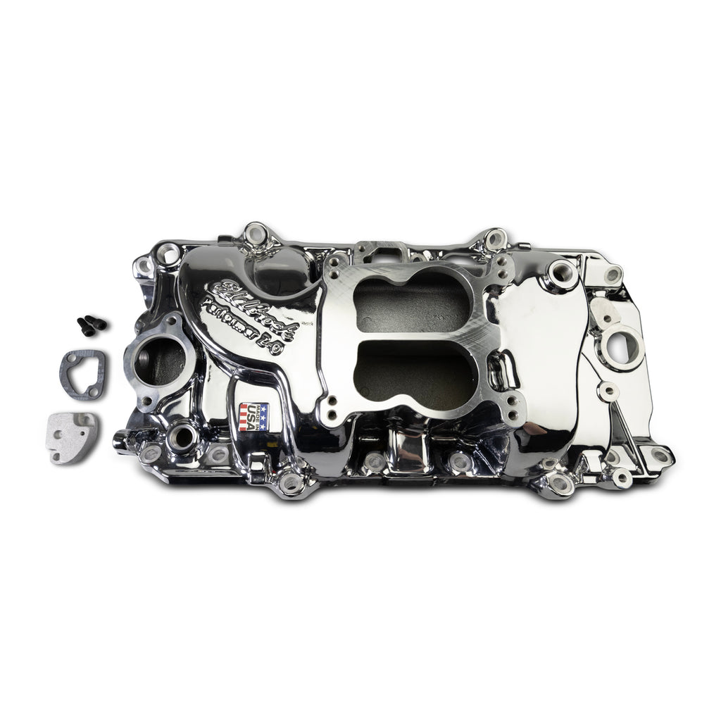 Performer-2-O-Manifold-For-1965-90-BB-Chevy-Oval-Port-Heads,-Chrome-Plasma