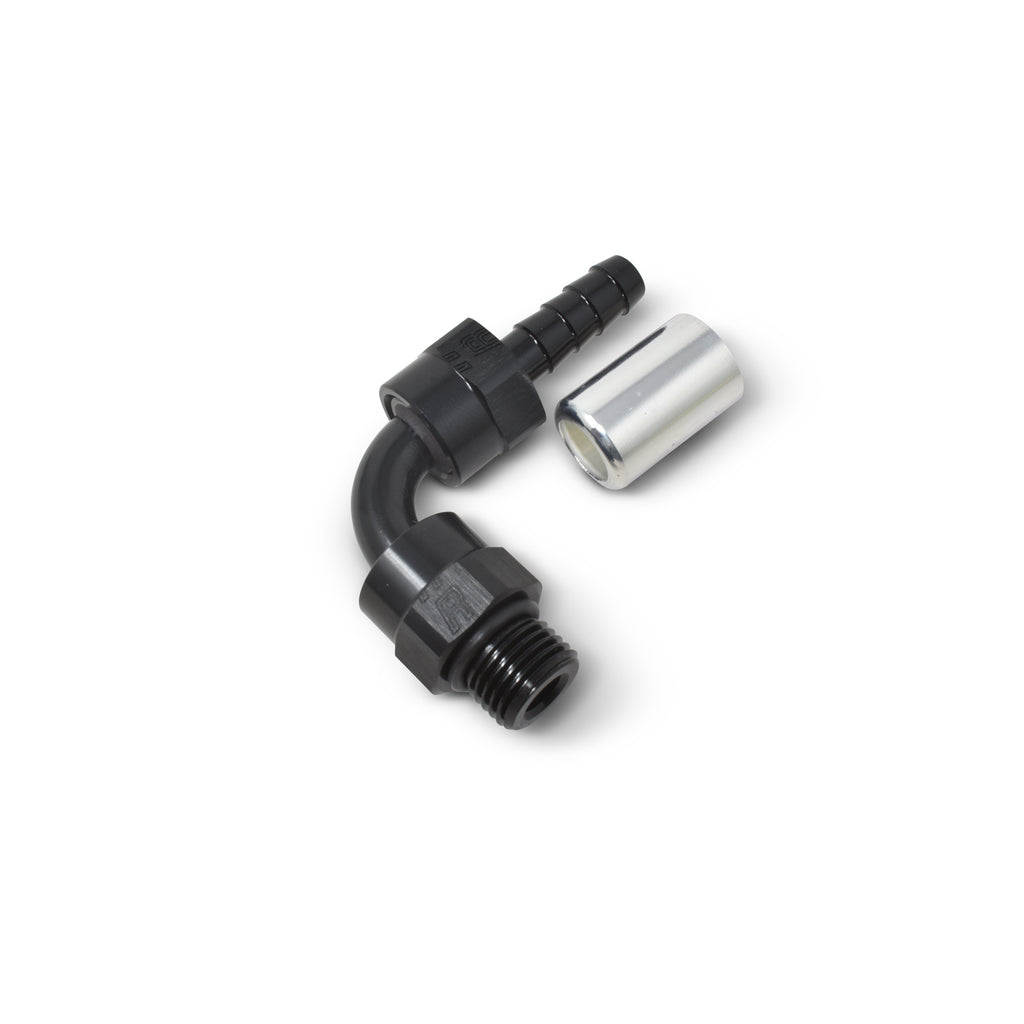 Hose-End-Crimp-On-10-Sae-Port-Male-To-8-Hose-90-Deg-Swivel-Blk-Anodized