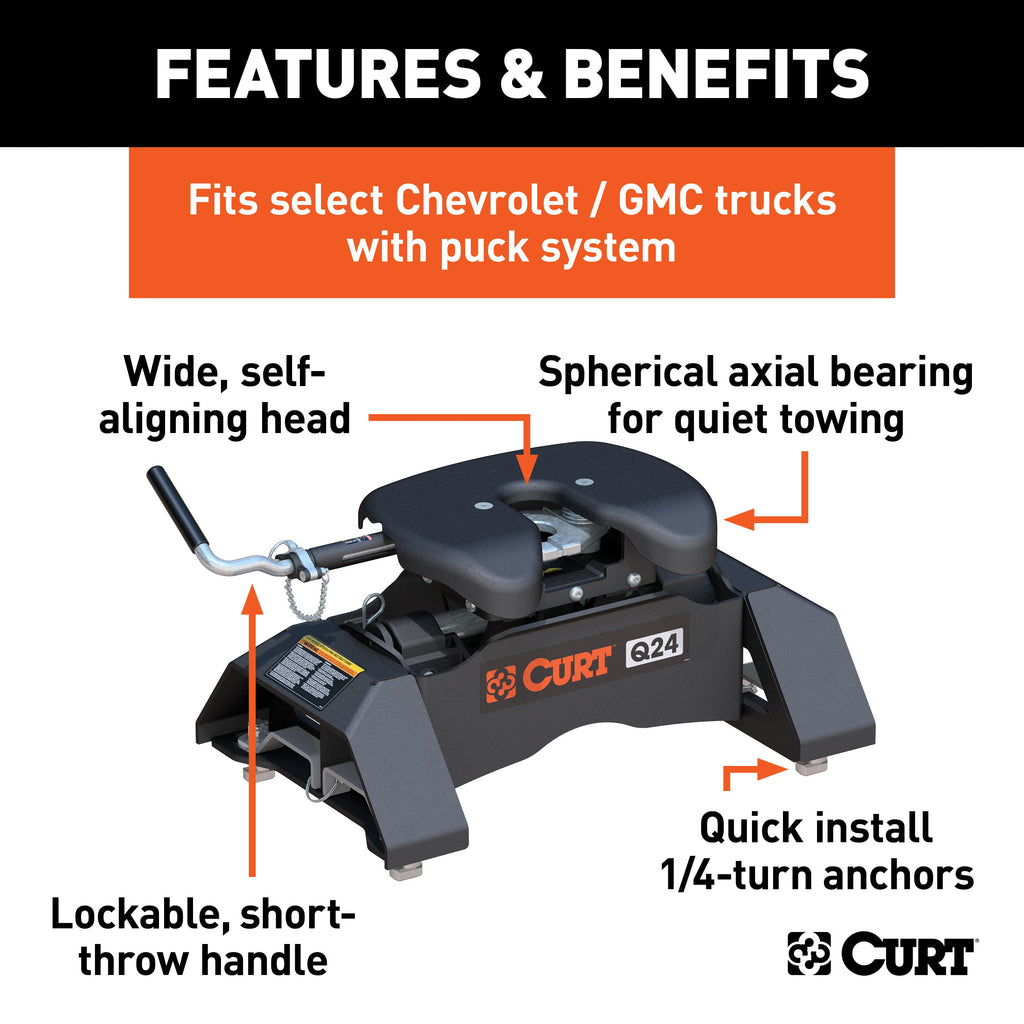 CURT 16095 Q24 5th Wheel Hitch; Select Silverado; Sierra 2500; 3500 HD; 8ft. Bed Puck Syste - Truck Part Superstore