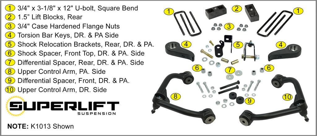 Superlift K1013 3in. Lift Kit-20-25 Silverado/Sierra 2500HD/3500HD w/out Overload Leaf Springs for Select Chevrolet Silverado HD, Chevrolet Silverado HD, GMC Sierra HD, GMC Sierra HD