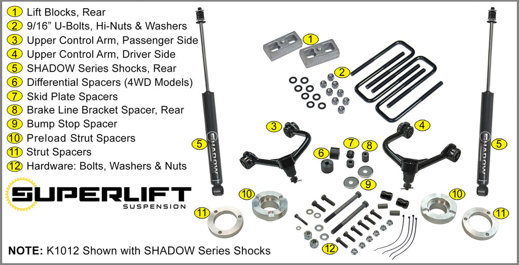 Superlift K1012 3in. Lift Kit w/Shadow Shocks-05-23 Tacoma (will not fit TRD Pro models) for Select Toyota Tacoma, Toyota Tundra